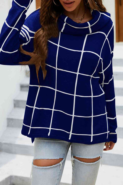 Plaid Turtleneck Drop Shoulder Sweater Navy / S