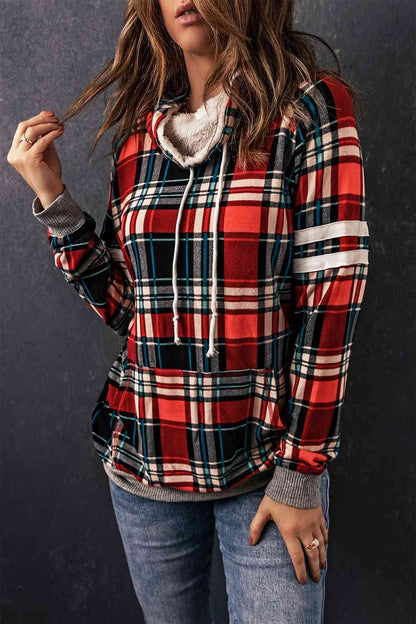 Plaid Drawstring Long Sleeve Sweatshirt