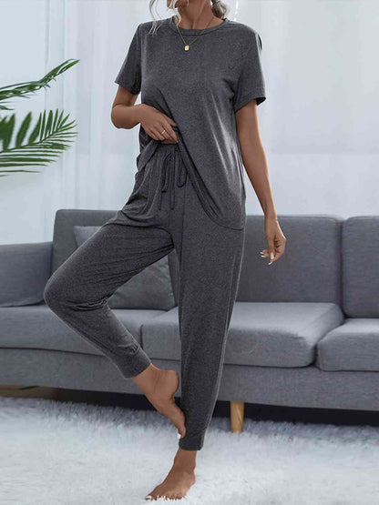 Round Neck Short Sleeve Top and Pants Set Charcoal / XS
