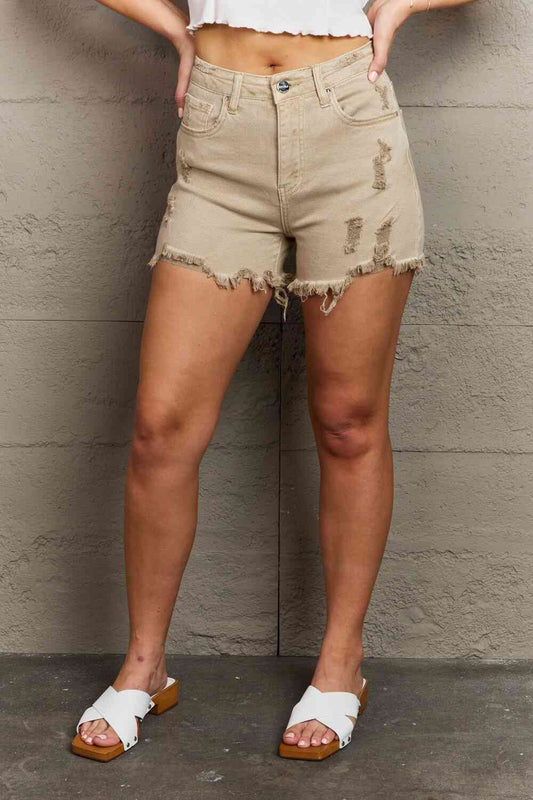 RISEN Katie Full Size High Waisted Distressed Shorts in Sand Sand / S