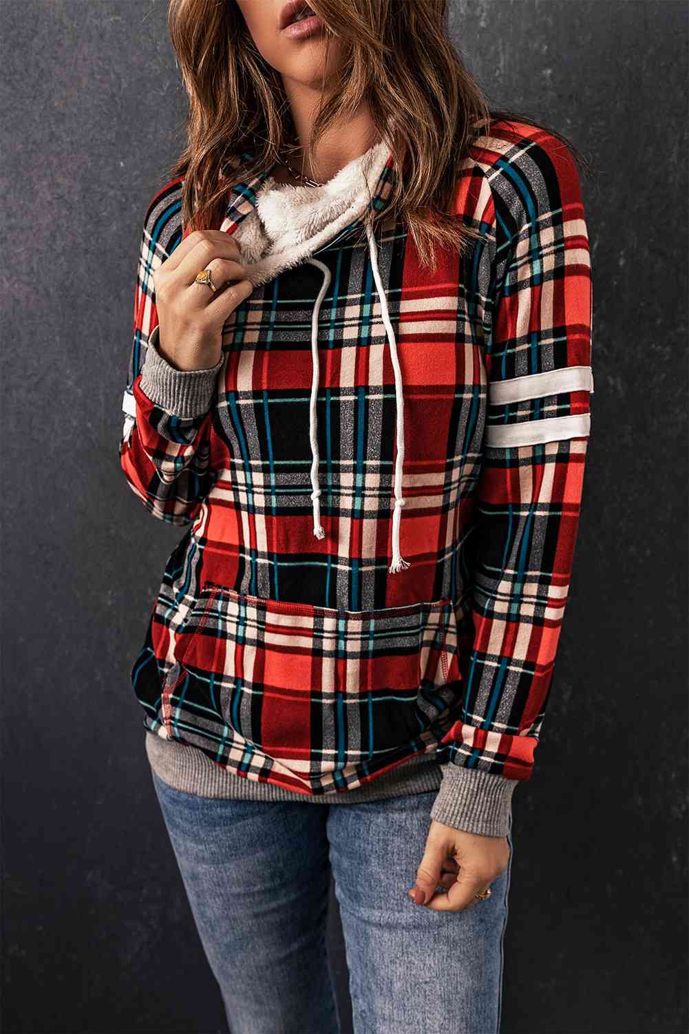 Plaid Drawstring Long Sleeve Sweatshirt Plaid / S