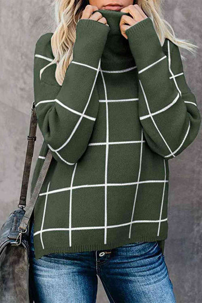 Plaid Turtleneck Drop Shoulder Sweater Army Green / S