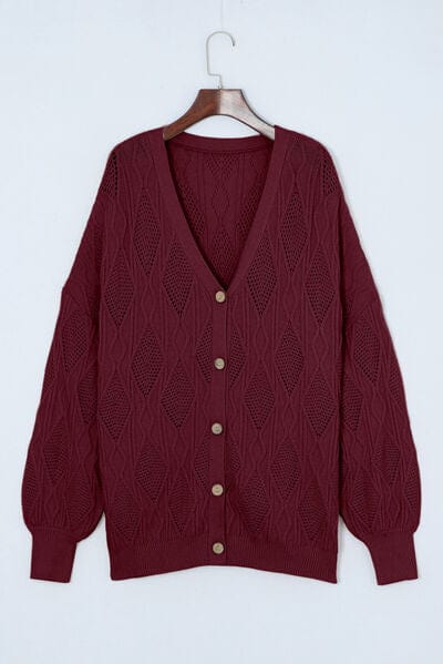 Plus Size Cable-Knit Button Up Sweater Wine / 1XL
