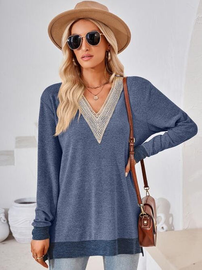 Crochet V-Neck Long Sleeve Slit Top