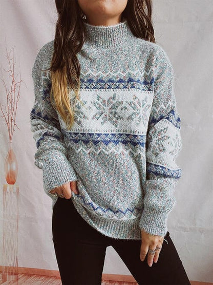 Geometric Snowflake Mock Neck Dropped Shoulder Sweater Cloudy Blue / S