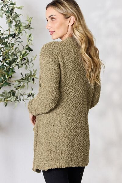 Zenana Falling For You Khaki Open Front Popcorn Cardigan