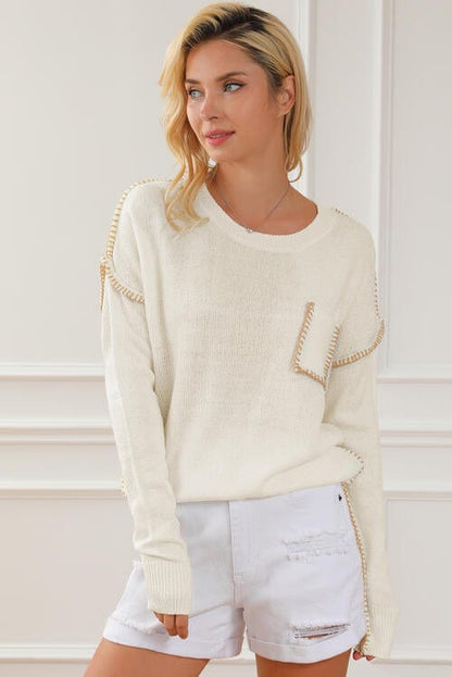 Exposed Seam Round Neck Long Sleeve Sweater White / S