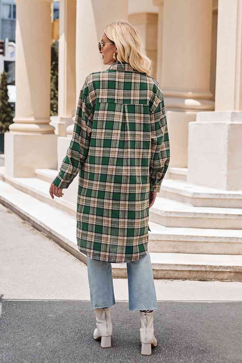 Plaid Collared Neck Long Sleeve Coat