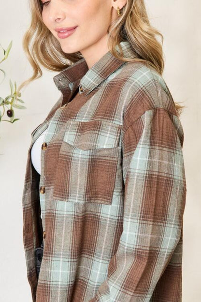 Double Take Olive Brown Plaid Dropped Shoulder Shirt