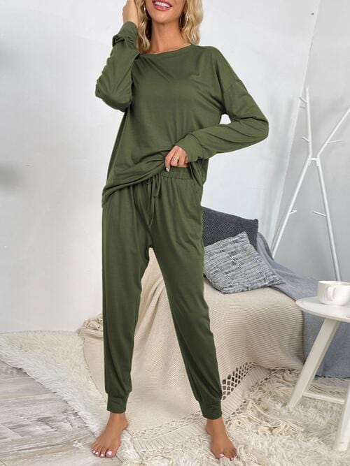 Round Neck Top and Drawstring Pants Lounge Set Army Green / S