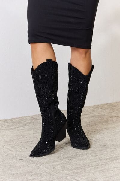 Forever Link Rhinestone Knee High Cowboy Boots Black / 6