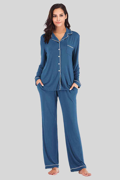 Collared Neck Long Sleeve Loungewear Set with Pockets Peacock  Blue / S