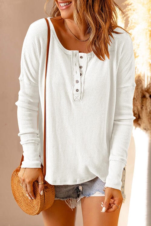 Waffle Knit Henley Long Sleeve Top White / S