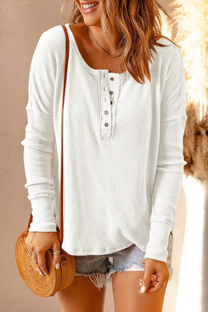 Waffle Knit Henley Long Sleeve Top White / S
