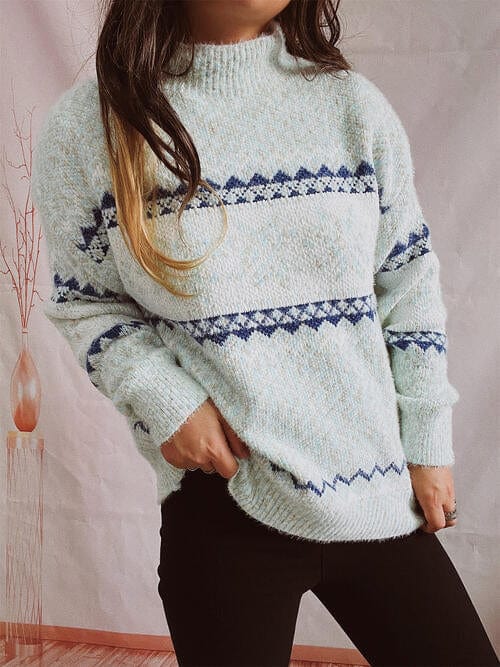 Geometric Snowflake Mock Neck Dropped Shoulder Sweater