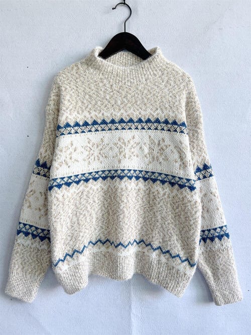 Geometric Snowflake Mock Neck Dropped Shoulder Sweater