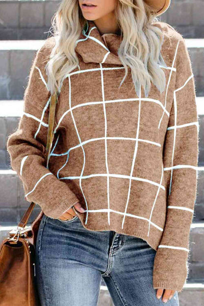 Plaid Turtleneck Drop Shoulder Sweater Khaki / S