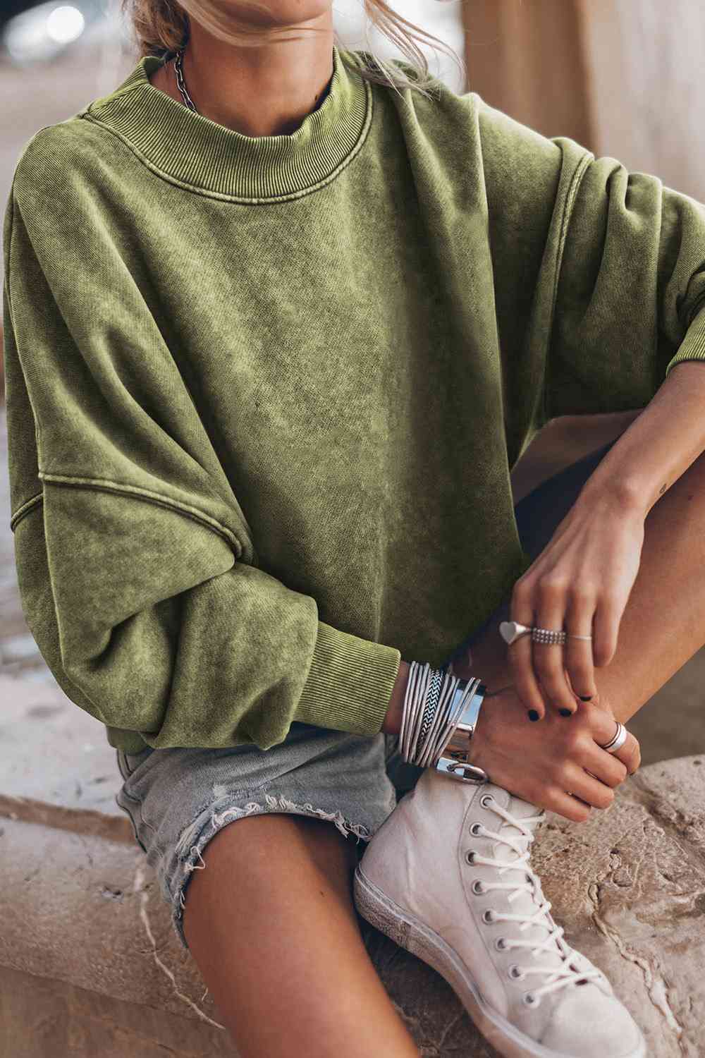 Ribbed Round Neck Dropped Shoulder Sweatshirt