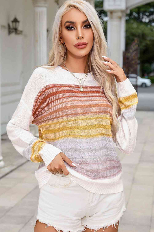 Round Neck Printed Dropped Shoulder Knit Top Multicolor / S
