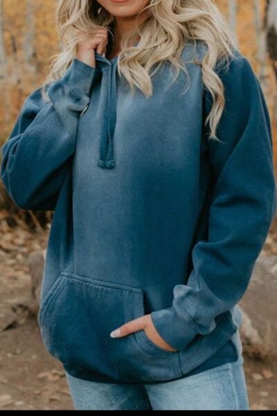 Drawstring Pocketed Dropped Shoulder Hoodie French Blue / S