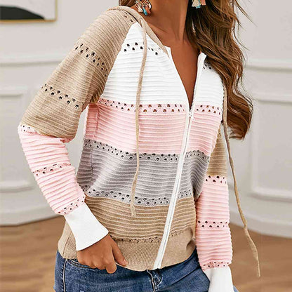 Color Block Drawstring Hooded Sweater Blush Pink / S
