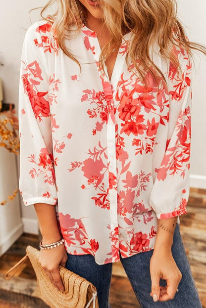 White Floral Notched Neck 3/4 Sleeve Blouse