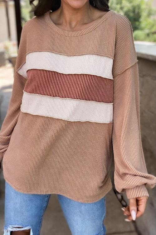 Ribbed Color Block Exposed Seam Round Neck Sweatshirt