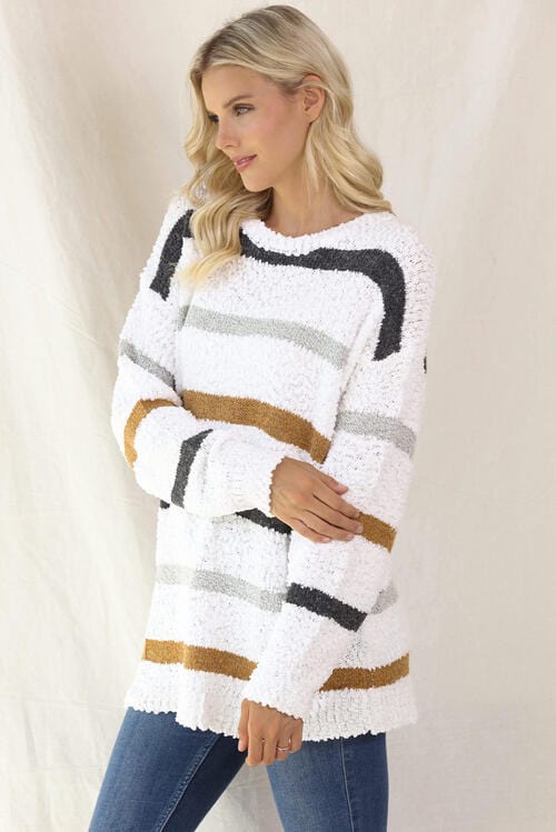 Striped Round Neck Long Sleeve Tunic Sweater
