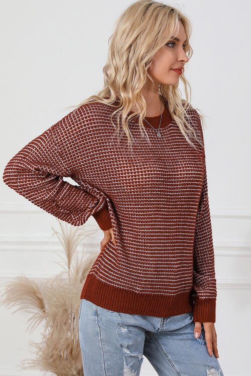 Textured Round Neck Long Sleeve Sweater