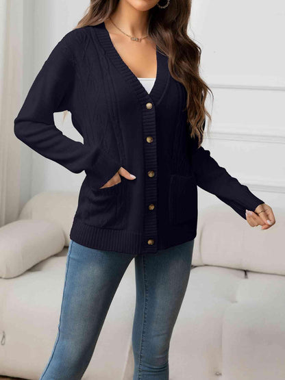 V-Neck Long Sleeve Buttoned Knit Cardigan with Pocket