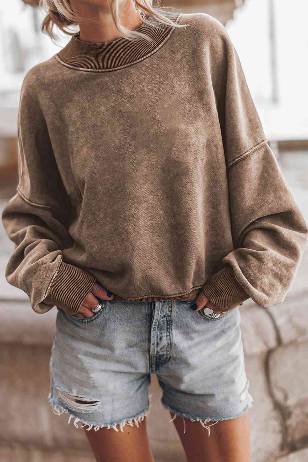 Ribbed Round Neck Dropped Shoulder Sweatshirt Mocha / S