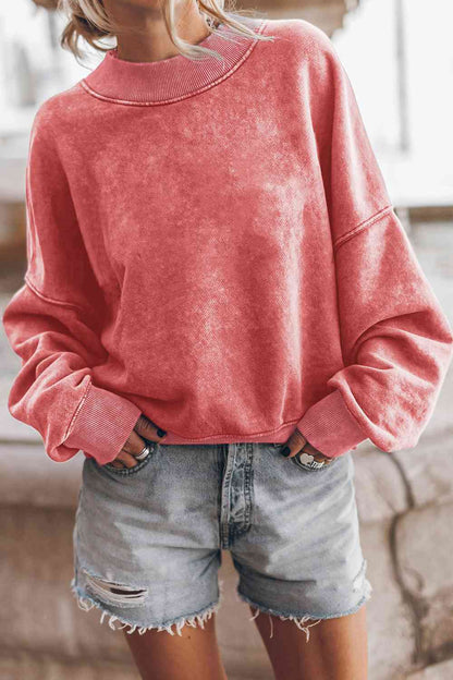 Ribbed Round Neck Dropped Shoulder Sweatshirt Strawberry / S