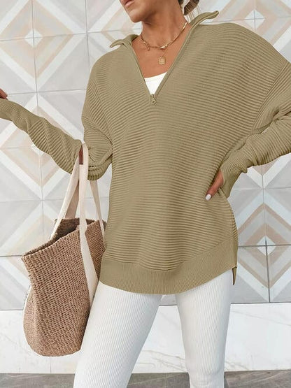 Half Zip Long Sleeve Knit Top Khaki / S