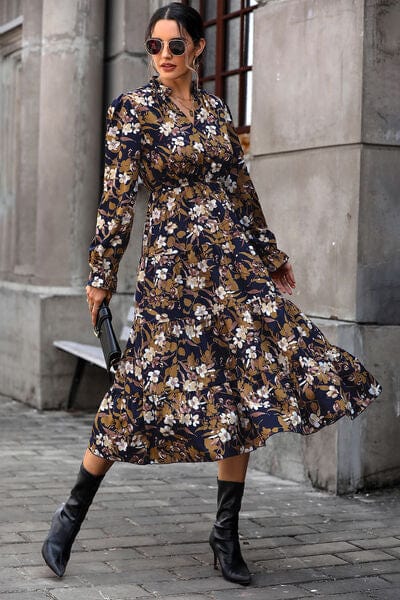 Floral Flounce Sleeve Tiered Dress Navy / S
