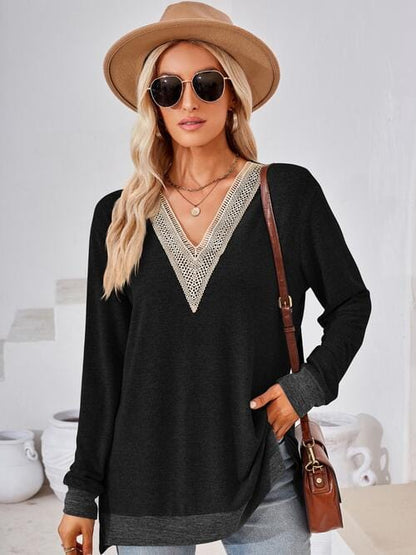 Crochet V-Neck Long Sleeve Slit Top