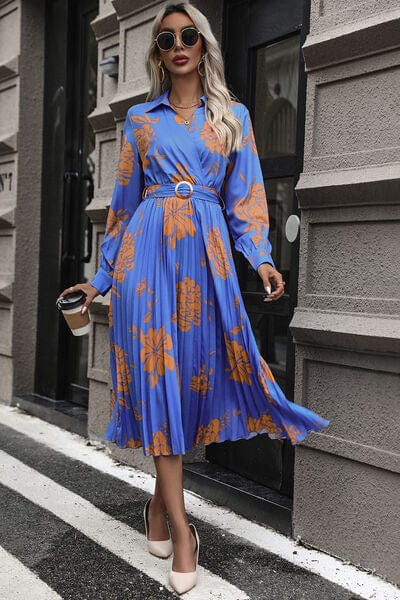 Floral Pleated Surplice Long Sleeve Midi Dress Cobalt Blue / S