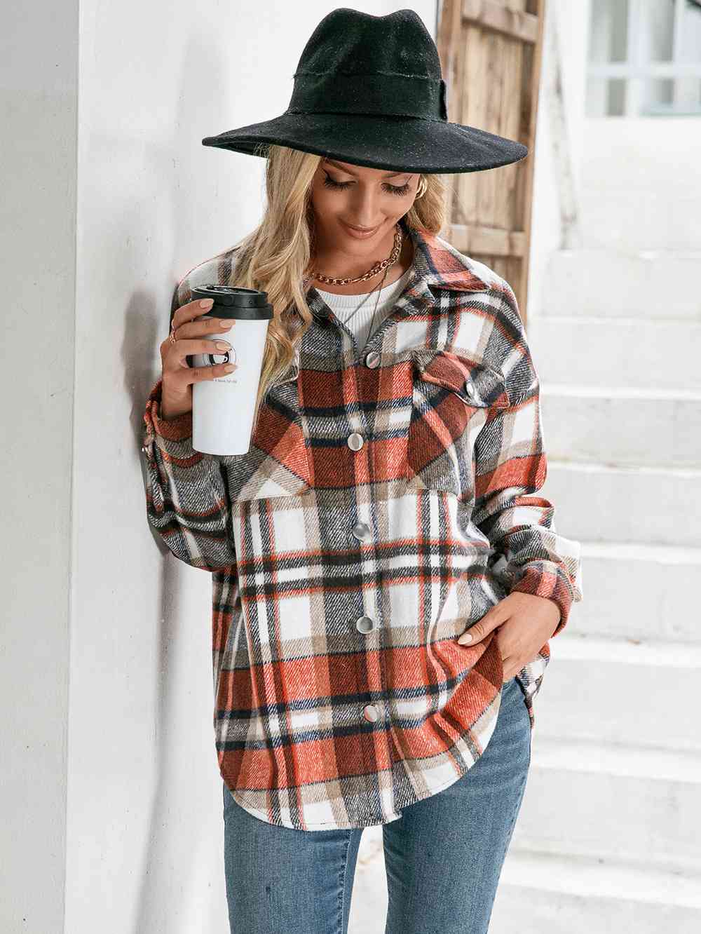 Meet You Outside Plaid Button Down Curved Hem Shacket Orange / S