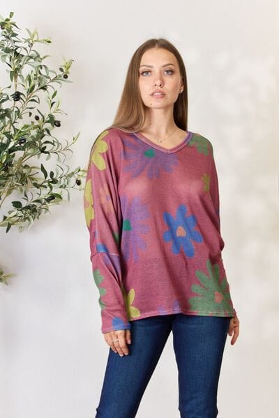 Hopely Full Size Floral V-Neck Long Sleeve Top MAGENTA / S