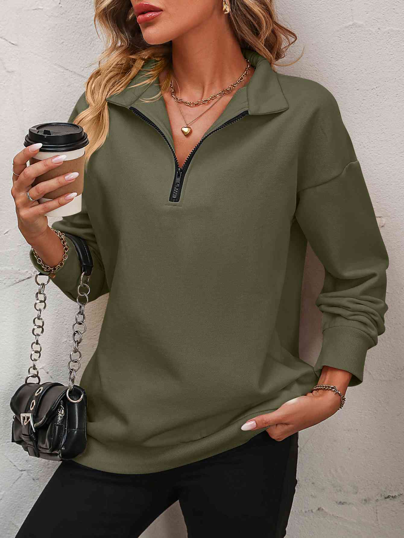 Quarter-Zip Dropped Shoulder Sweatshirt Army Green / S