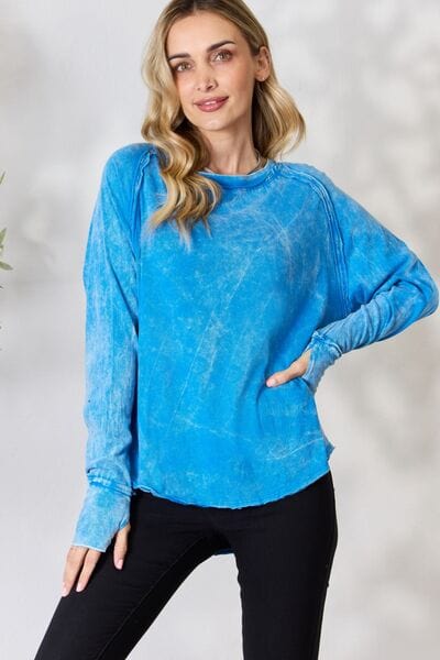 Zenana Round Neck Long Sleeve Top Ocean Blue / S