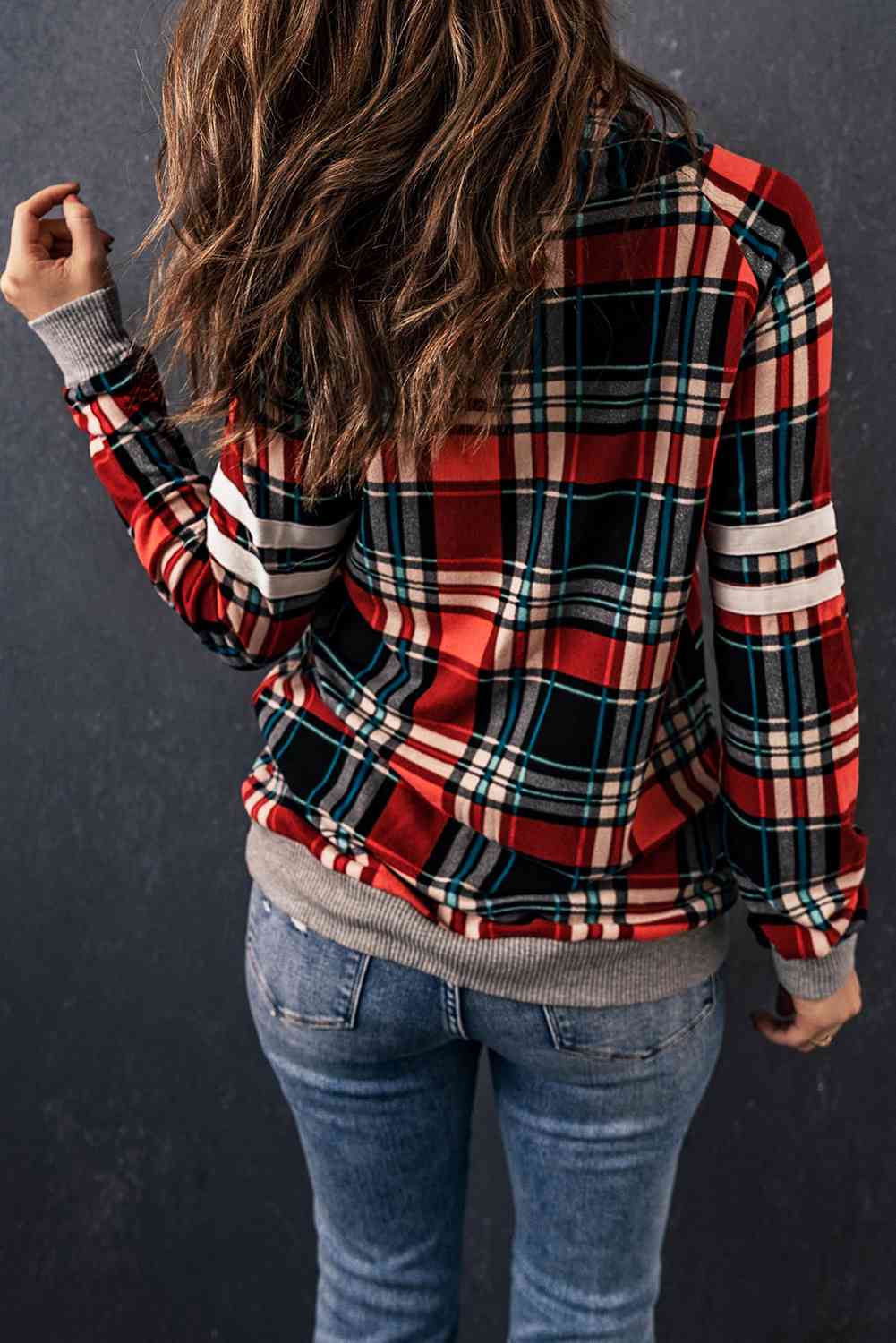 Plaid Drawstring Long Sleeve Sweatshirt