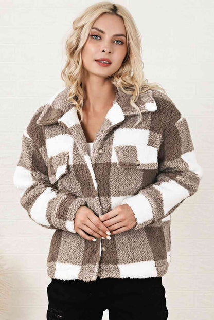 Plaid Collared Neck Drop Shoulder Jacket Charcoal / S