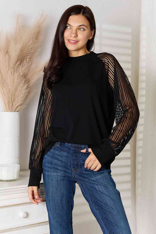 Double Take Round Neck Raglan Sleeve Blouse Black / S