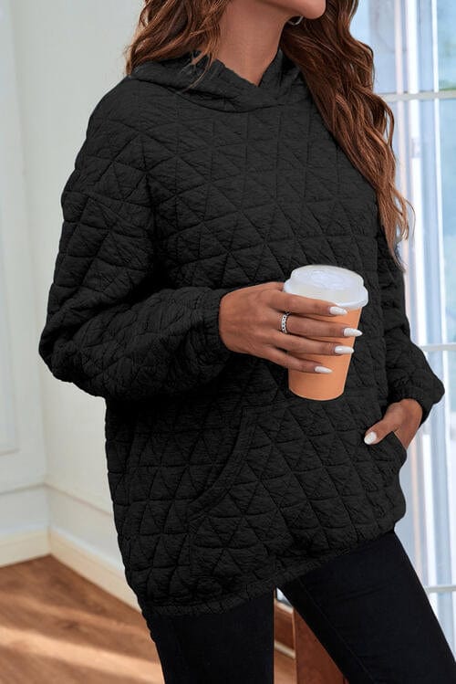 Quilted Long Sleeve Hoodie with Pocket Black / S