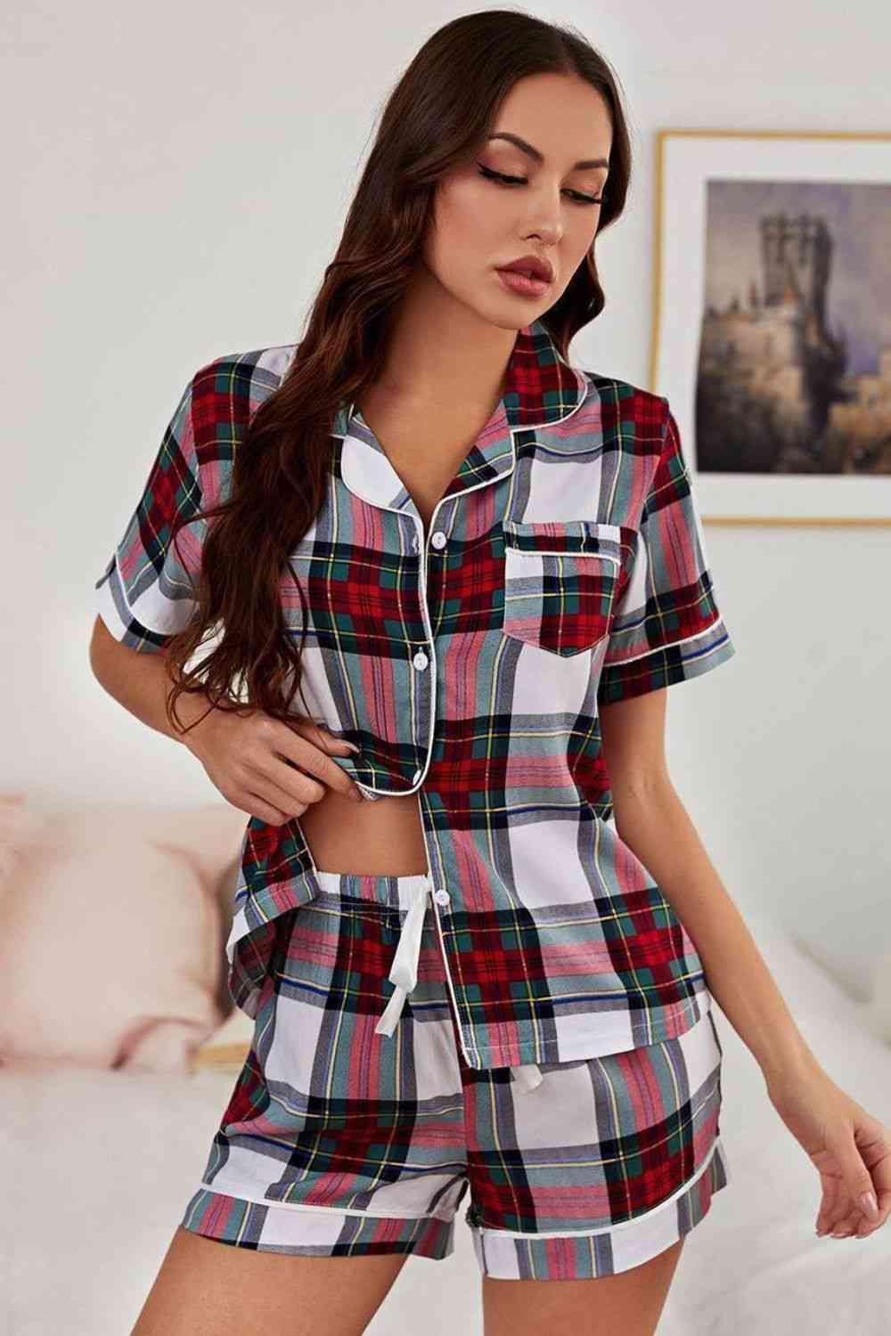 Collared Neck Short Sleeve Tied Two-Piece Pajama Set