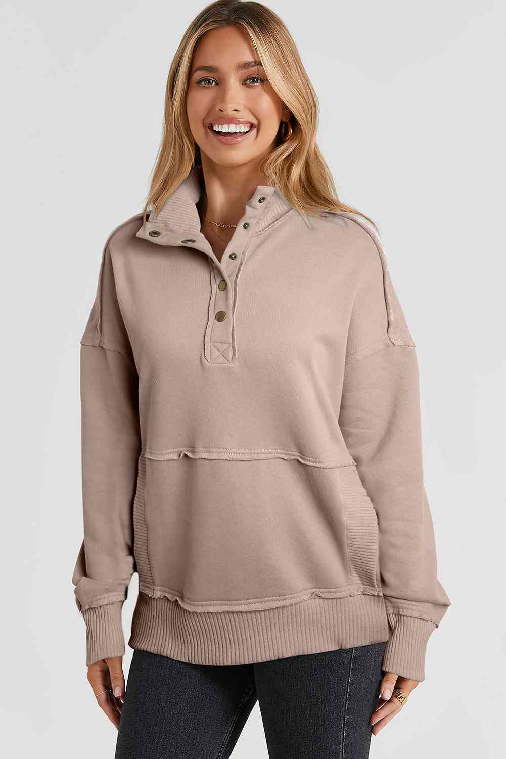 Half Snap Drop Shoulder Long Sleeve Sweatshirt