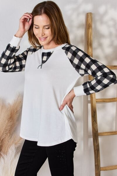 Hailey & Co Full Size Plaid Raglan Sleeve Round Neck Top