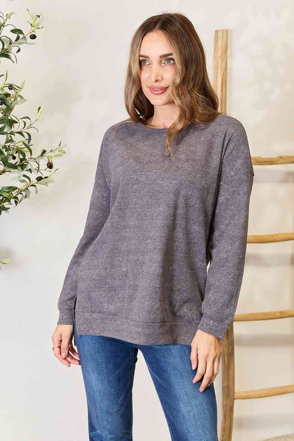 Basic Bae Round Neck Drop Shoulder Slit Sweatshirt Charcoal / S