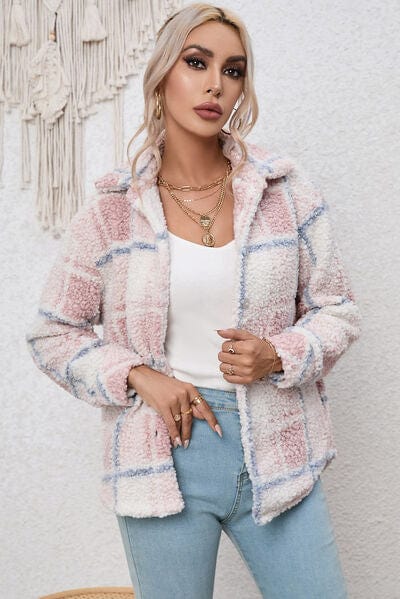 Plaid Button Up Collared Neck Long Sleeve Shacket Eggshell / S