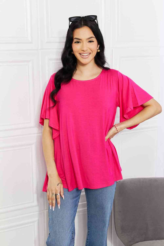 Yelete Full Size More Than Words Flutter Sleeve Top Hot Pink / S
